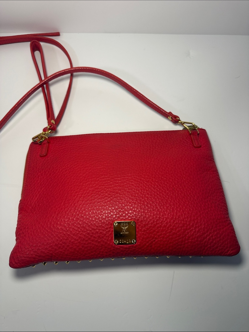 MCM Studded Crossbody / Wristlet– Red Pebbled Leather Gold Studs - Picture 4 of 13